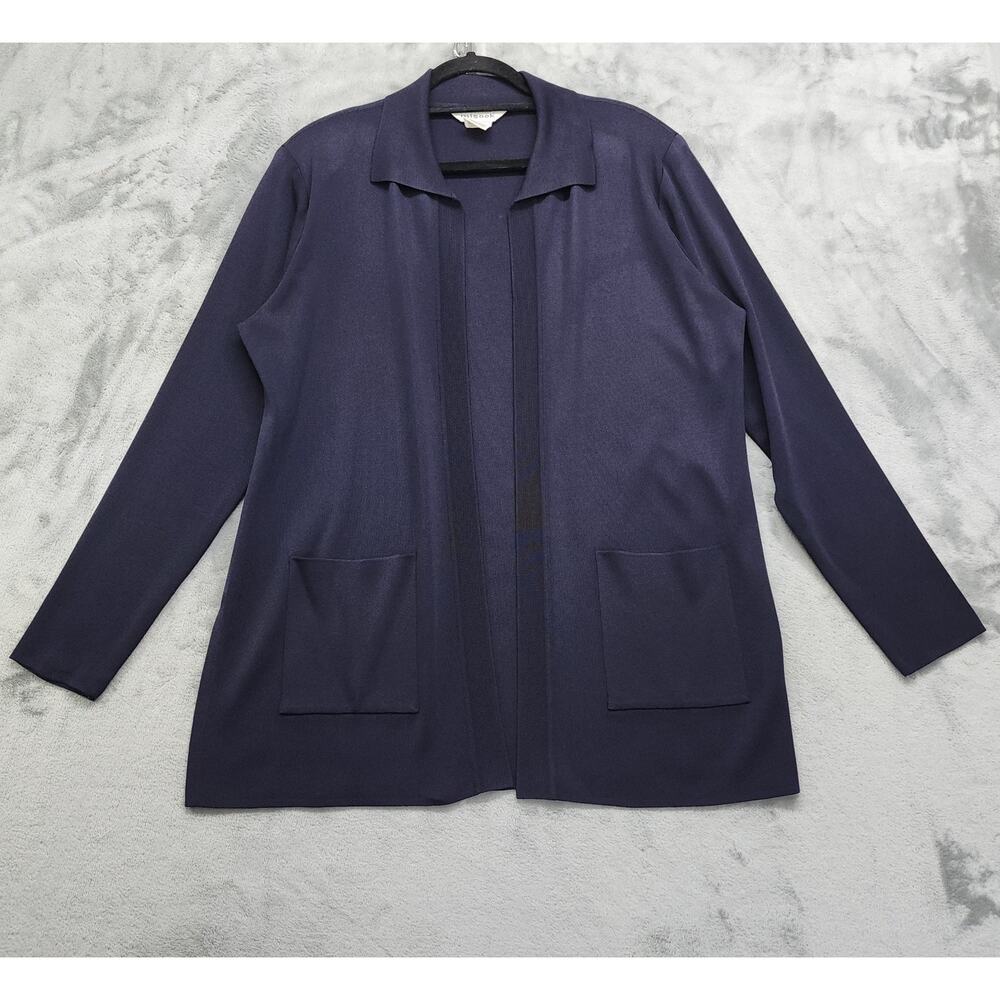 Exclusively Misook Sweater Womens M Blue Collared Cardigan‎ Open Front Pockets